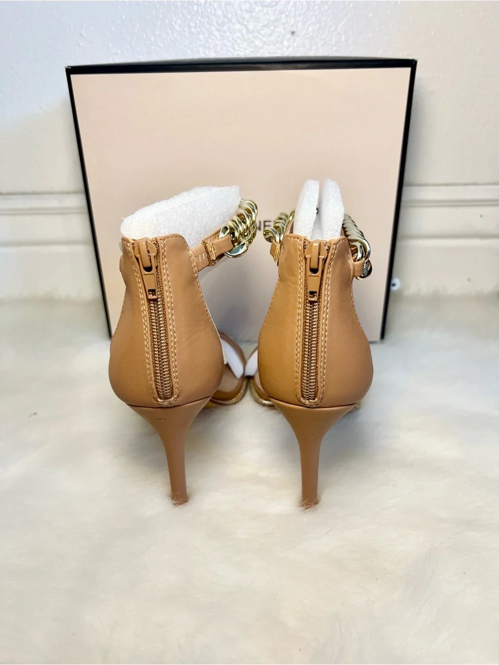 BCBGeneration Jadia Tan High Heel Sandal with Gold Chain Ankle Strap